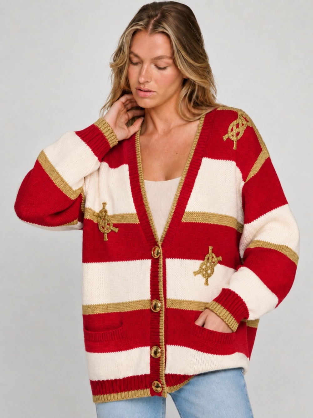Vintage ClaudeZ Striped Gold Metallic Embroidered Cardigan Sweater Size S